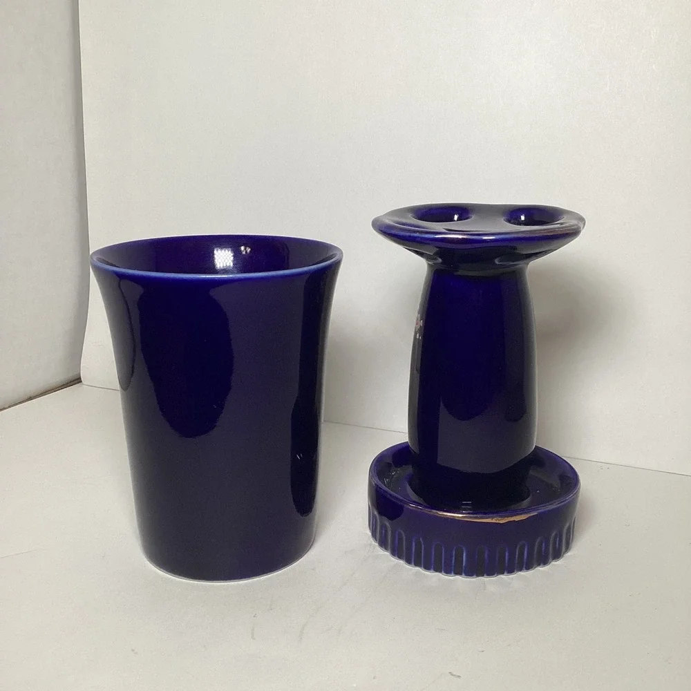 Vintage Cobalt Blue Japanese Porcelain Vanity Set Rickshaw Floral Tumbler Holder